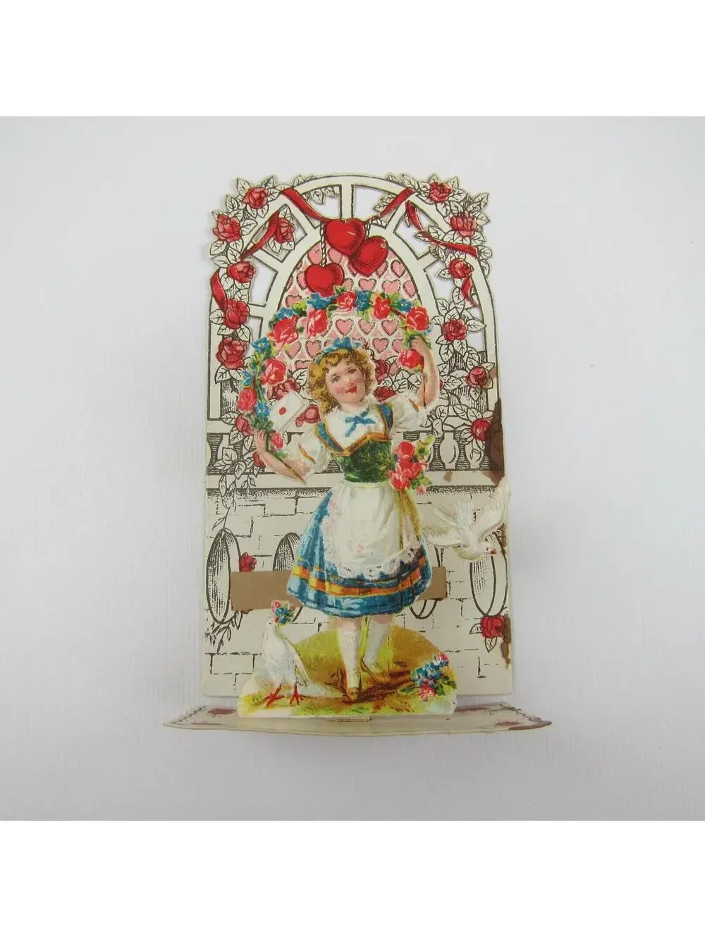 Vintage Valentine 3D Pop Up Die Cut Blonde Girl Blue White Dress Red Flowers